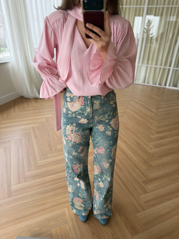 Floral Desen Mavi Pantolon