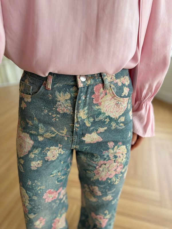 Floral Desen Mavi Pantolon