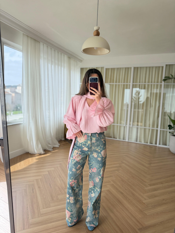 Floral Desen Mavi Pantolon