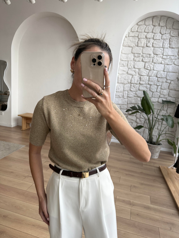 Gold Simli Kısa Kollu Triko