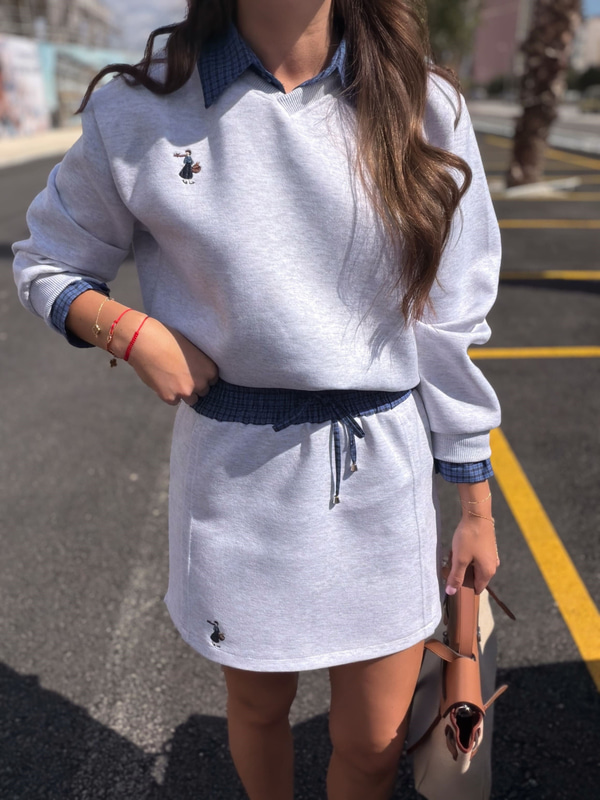 Gömlek Garnili Nakış Detaylı Gri Sweat