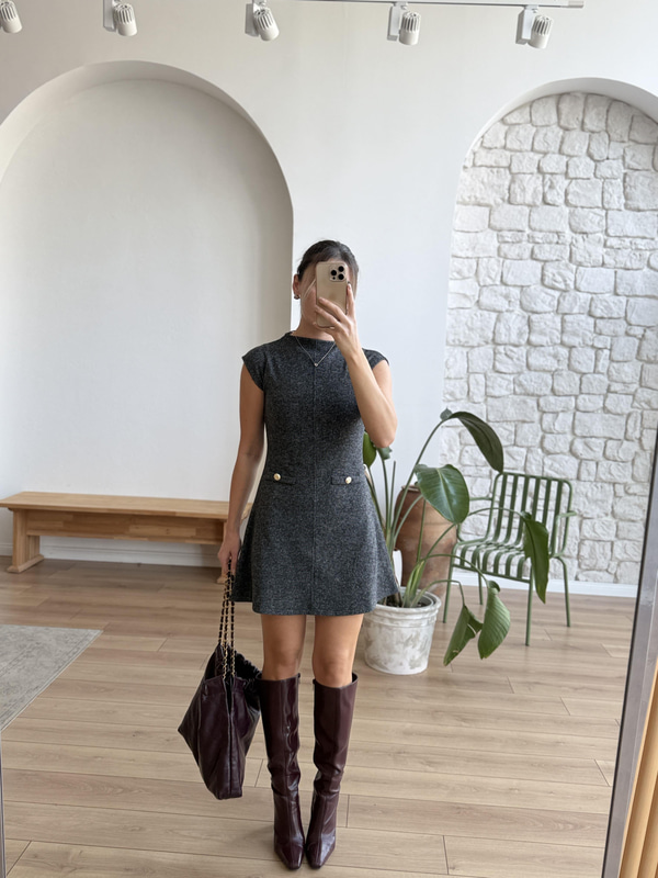 Gri Selanik Kumaş Kısa Elbise