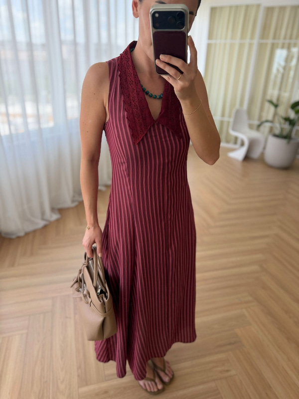 Güpür Yakalı Fermuarlı Bordo Elbise