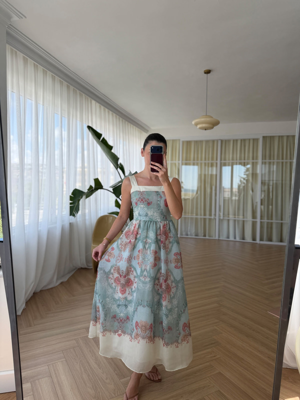 Helen  Kalın Askılı Desenli Yeşil Elbise 