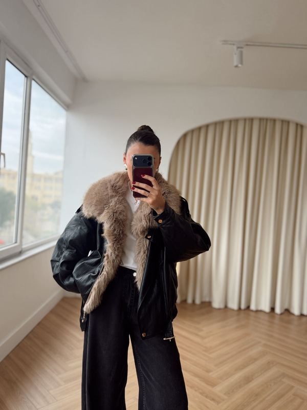 İçi Ve Yakası Kürklü İthal Premium Seri Siyah Deri Mont