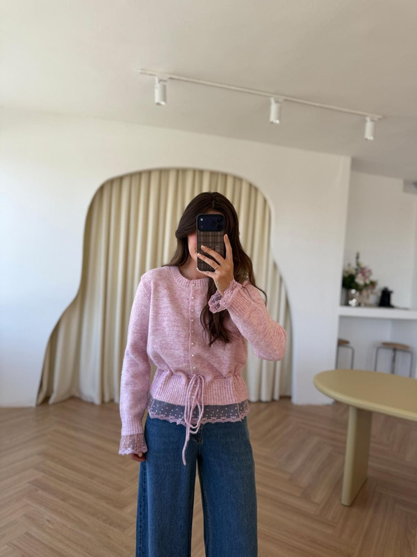 İnci Düğmeli Dantelli Pembe Hırka