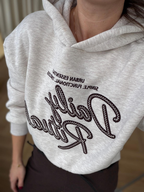 Kabartma Nakış Detaylı Kapüşonlu Sweatshirt -Bej