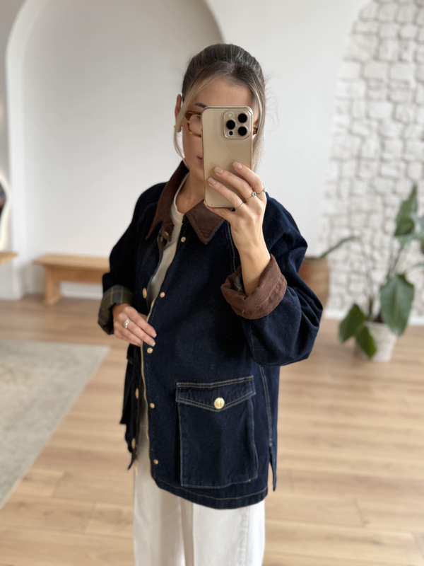 Kadife Yakalı Ekose Astarlı Koyu Mavi Denim Ceket