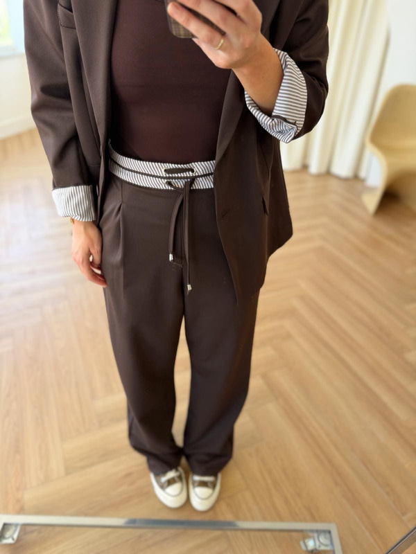 Kahverengi Gömlek Garnili Blazer Ceket-Pantolon Takım