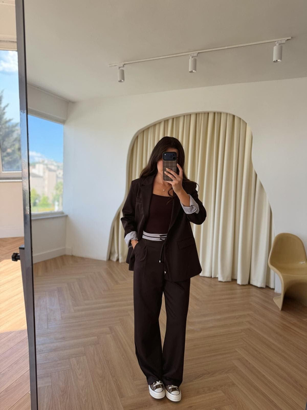 Kahverengi Gömlek Garnili Blazer Ceket-Pantolon Takım