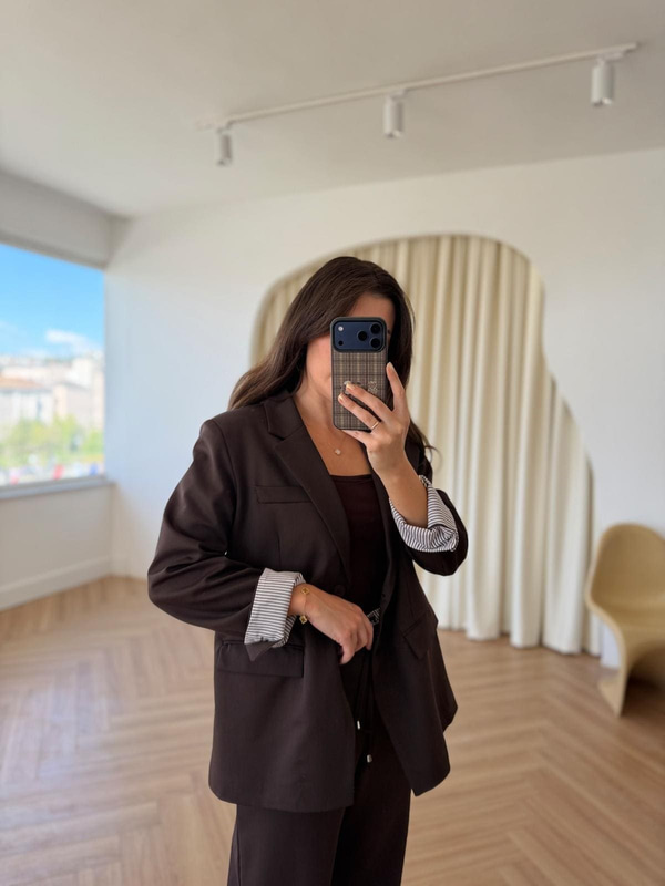 Kahverengi Gömlek Garnili Blazer Ceket-Pantolon Takım