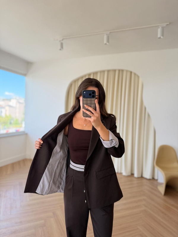 Kahverengi Gömlek Garnili Blazer Ceket-Pantolon Takım