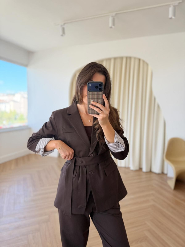 Kahverengi Gömlek Garnili Blazer Ceket-Pantolon Takım