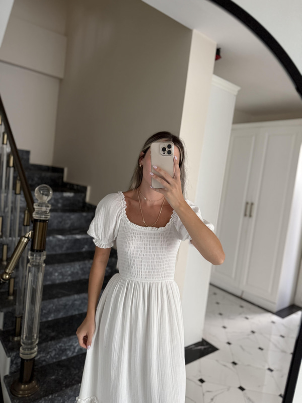 Karpuz Kol Beyaz Müslin Elbise