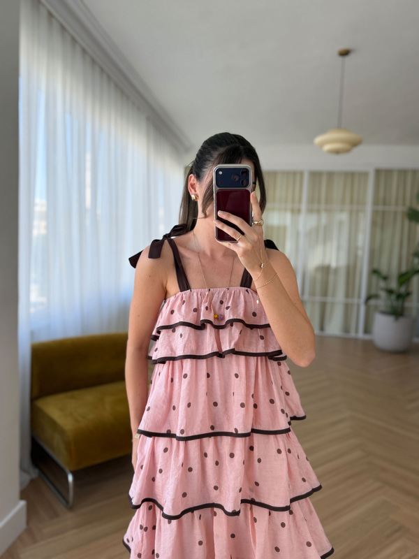 Kat Etekli Puantiyeli Pembe Elbise