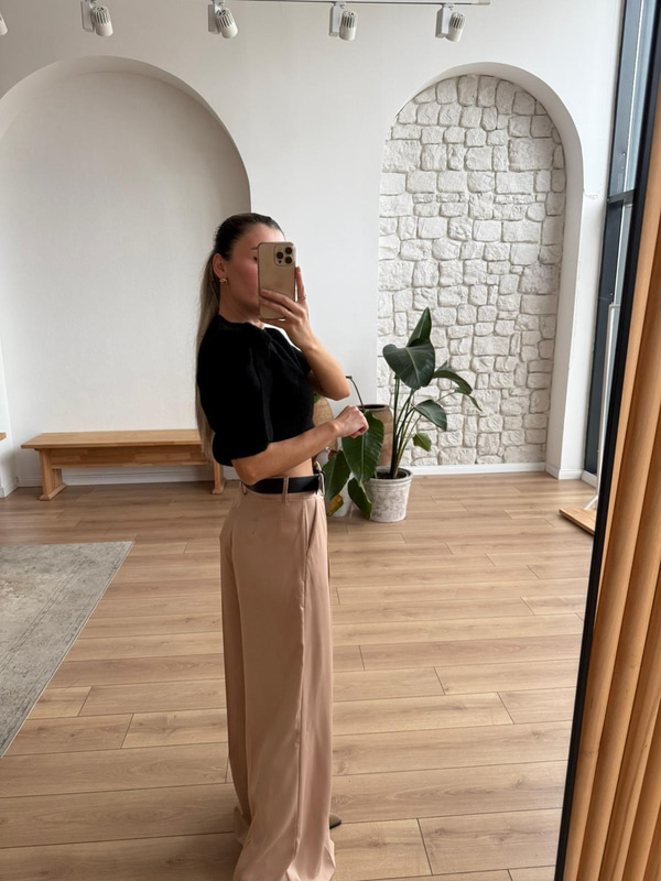 Kemerli Camel Saten Pantolon