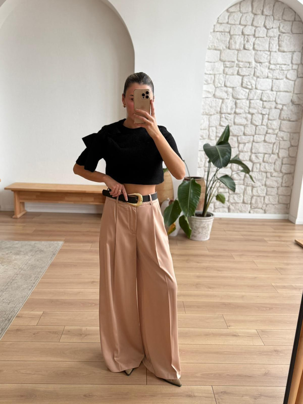 Kemerli Camel Saten Pantolon