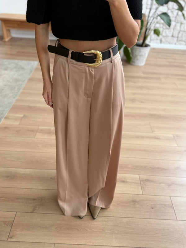 Kemerli Camel Saten Pantolon