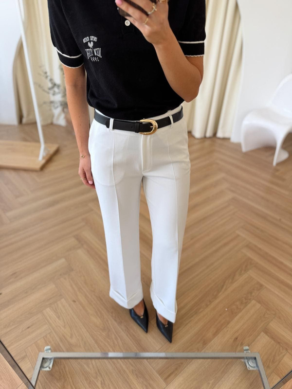 Kemerli Duble Paça Pantolon - Beyaz