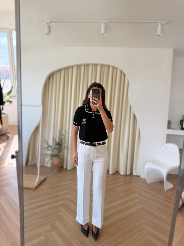 Kemerli Duble Paça Pantolon - Beyaz
