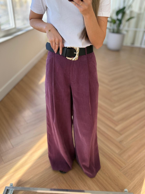 Kemerli Mürdüm Tensel Kumaş Pantolon