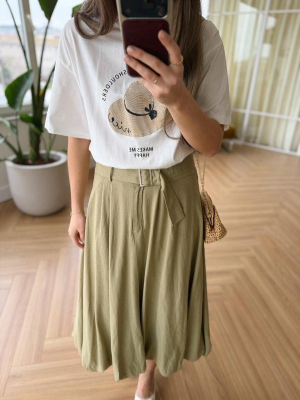 Kemerli Olive Midi Balon Etek