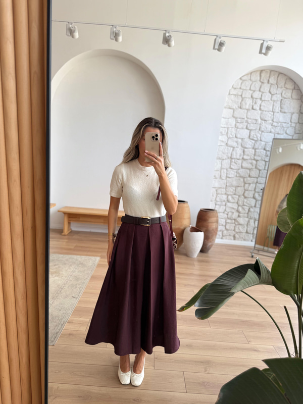 Kemerli Pileli Mürdüm Etek