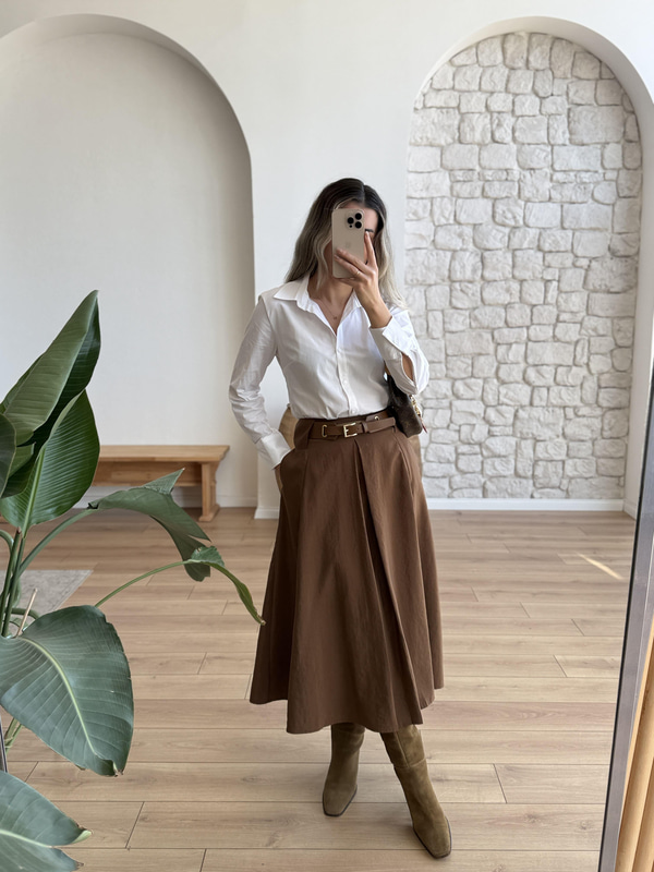 Kemerli Tensel Kumaş Taba Pileli Etek