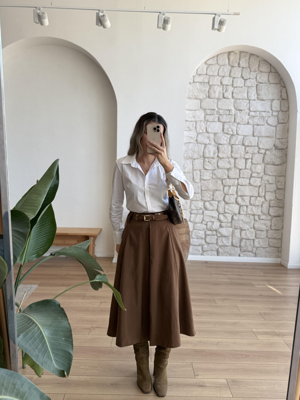 Kemerli Tensel Kumaş Taba Pileli Etek