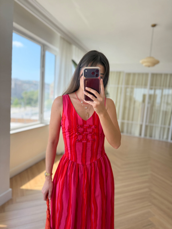 Kırmızı Pembe Çizgili Elbise