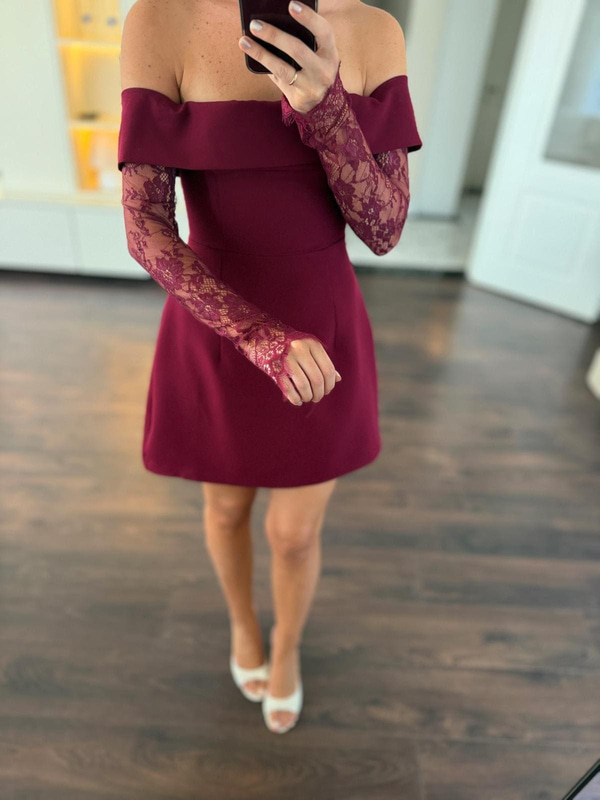 Kolu Tül Detaylı Bordo Mini Elbise  