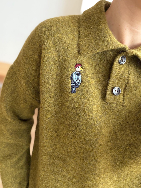 Kuş Nakışlı Polo Yaka Olive Kazak