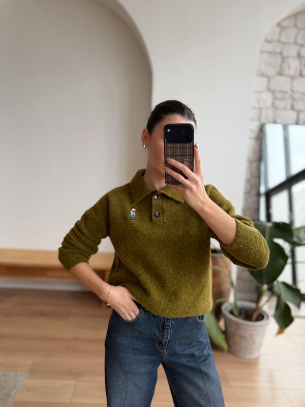 Kuş Nakışlı Polo Yaka Olive Kazak
