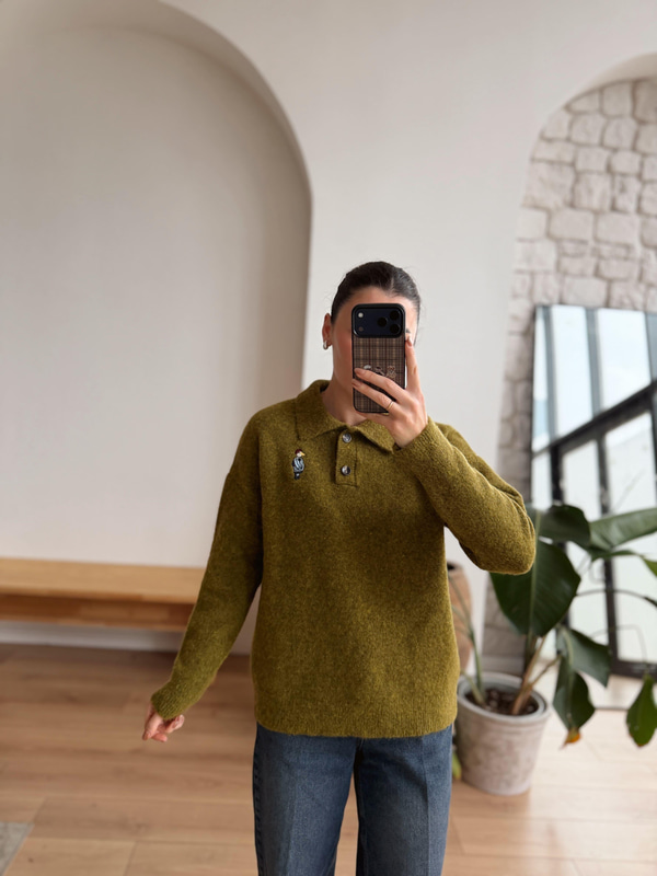 Kuş Nakışlı Polo Yaka Olive Kazak