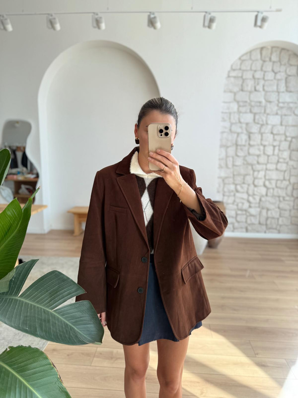 Kuşaklı Acı Kahve Süet Ceket
