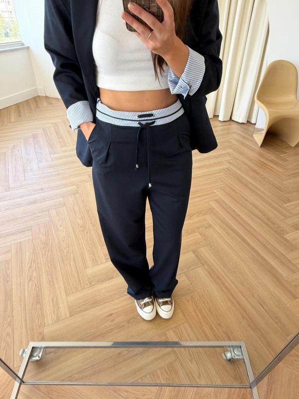 Lacivert Gömlek Garnili Blazer Ceket-Pantolon Takım
