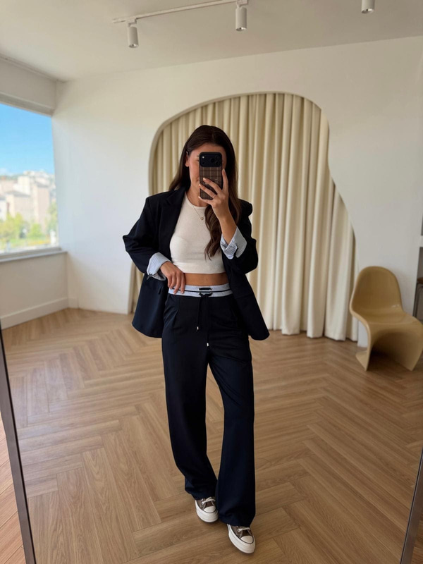Lacivert Gömlek Garnili Blazer Ceket-Pantolon Takım