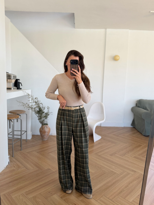 Mila Kemerli Pileli Ekose Pantolon