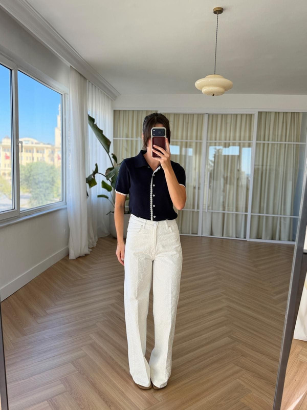 Nakış Desen Ekru Jean
