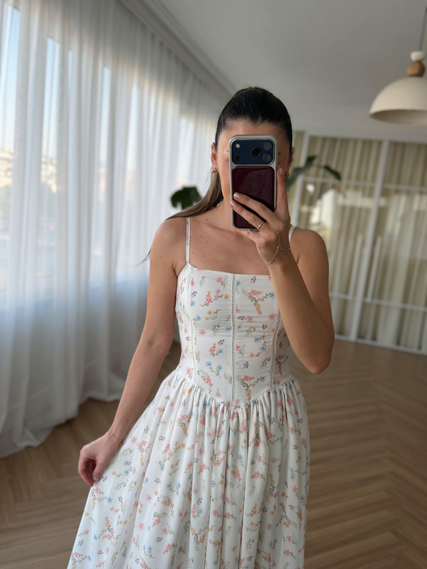 Nosa Floral Desen Beyaz Elbise