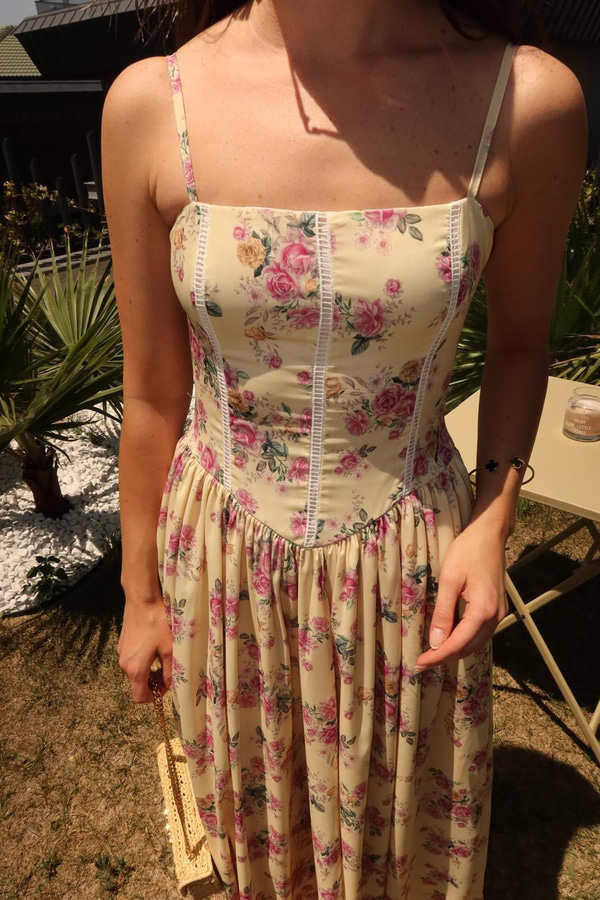 Nosa Floral Desen Sarı Elbise