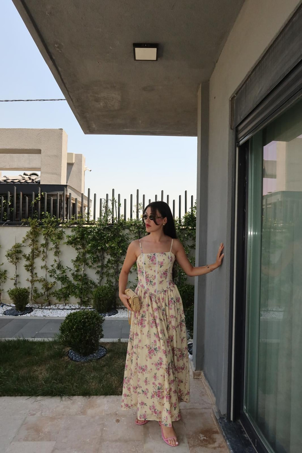 Nosa Floral Desen Sarı Elbise