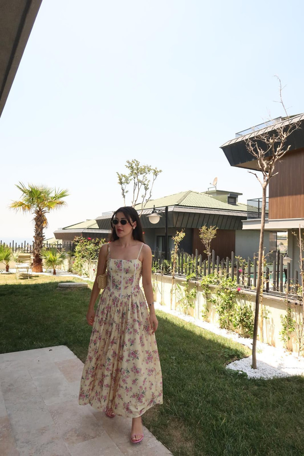 Nosa Floral Desen Sarı Elbise