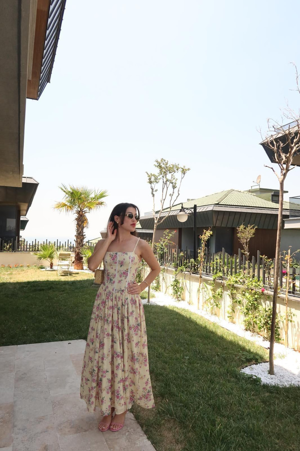 Nosa Floral Desen Sarı Elbise