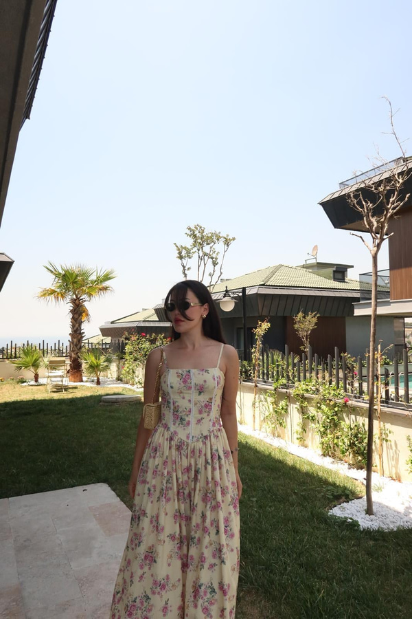 Nosa Floral Desen Sarı Elbise