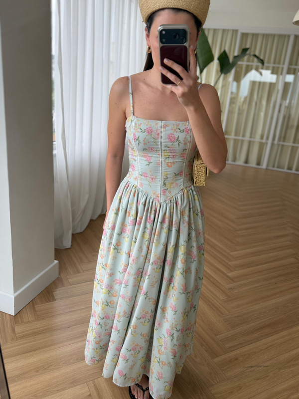 Nosa Floral Desen Su Yeşili Elbise