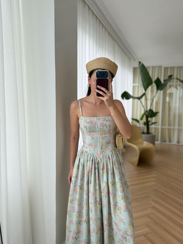 Nosa Floral Desen Su Yeşili Elbise
