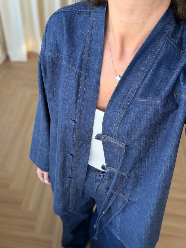 Önü Düğme Detaylı İkili Denim Takım