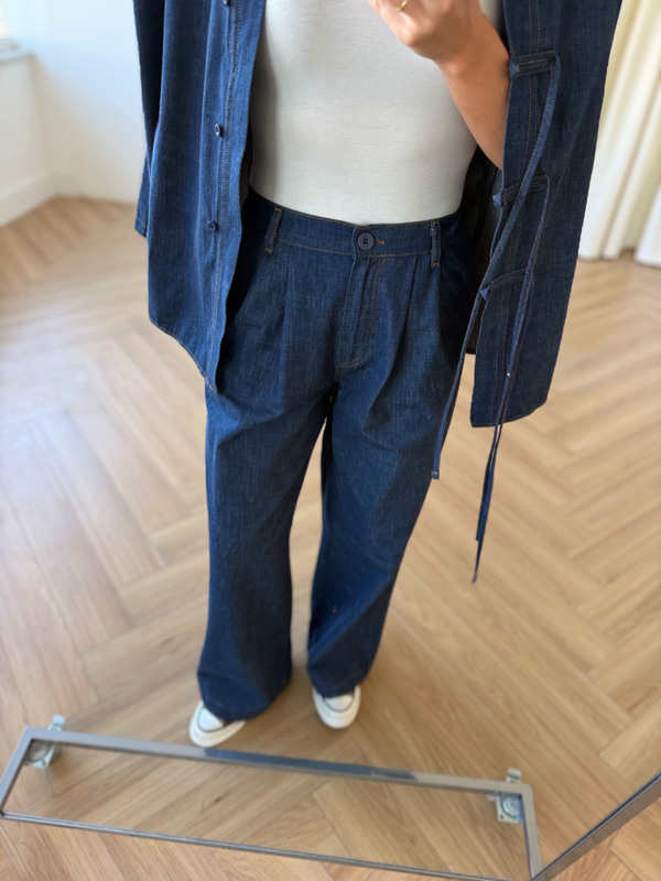 Önü Düğme Detaylı İkili Denim Takım