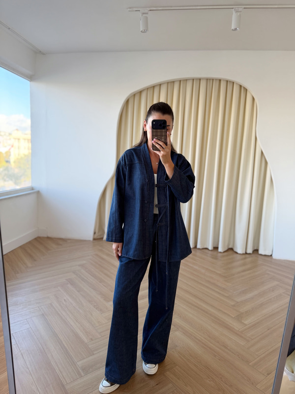 Önü Düğme Detaylı İkili Denim Takım